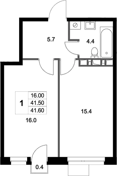 Планировка: 1-комнатная квартира 41,5 м² в ЖК «Легенда Марусино»