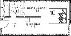 Планировка: Студия 32 м² в ЖК «Наметкин Тауэр»
