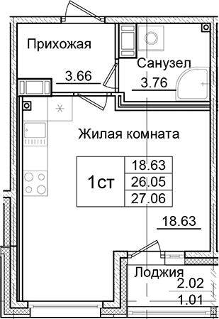 Планировка: Студия 26,1 м² в ЖК «Квартал Заречье»