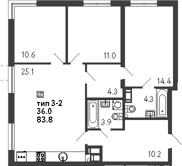 Планировка: Квартира евро-4 83,8 м² в ЖК «Струны»