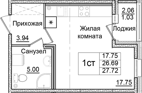 Планировка: Студия 26,7 м² в ЖК «Квартал Заречье»