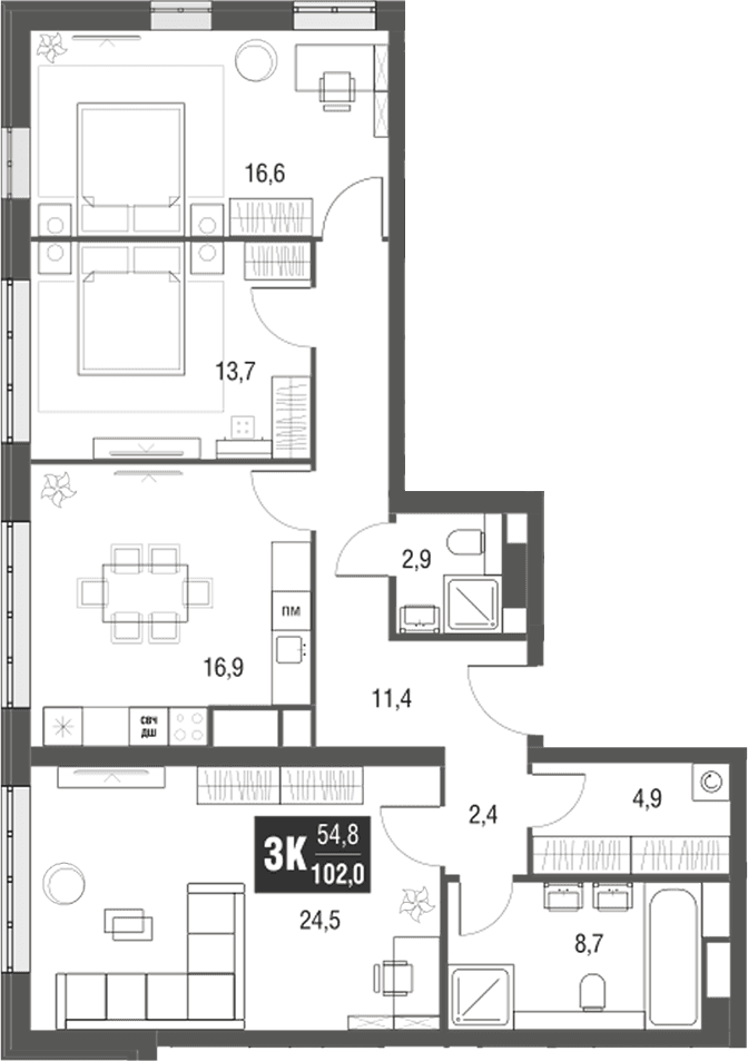 3-комнатная квартира