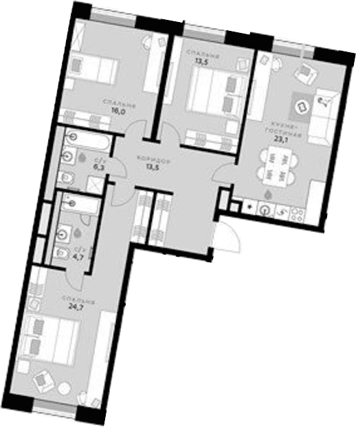 Планировка: Квартира евро-4 101,8 м² в ЖК «СберСити»