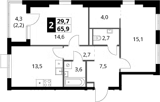 Планировка: 2-комнатная квартира 63,7 м² в ЖК «1-й Ясеневский»