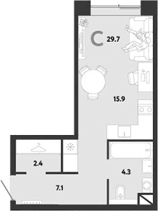 Планировка: Студия 29,7 м² в ЖК «Страна.Заречная»