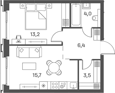 Планировка: Евродвушка 42,8 м² в ЖК «Портленд»