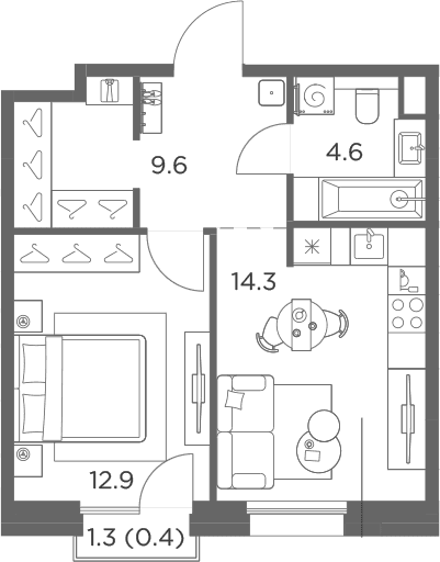 Планировка: 1-комнатная квартира 41,4 м² в ЖК «Станиславский»