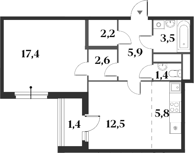 Планировка: Евродвушка 51,3 м² в ЖК «Миниполис 8 Кленов»