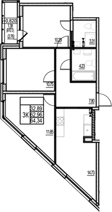 Планировка: Квартира евро-4 63 м² в ЖК «ID Murino III»