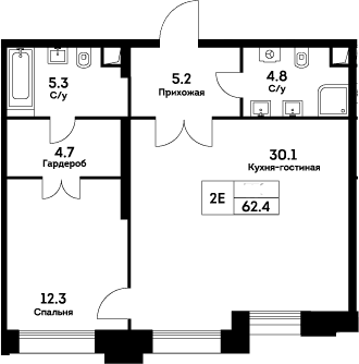 Планировка: Евродвушка 62,4 м² в ЖК «ЭВЕР»