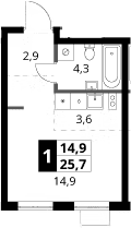 Планировка: Студия 25,7 м² в ЖК «1-й Ясеневский»