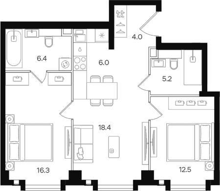 Планировка: Евротрёшка 68,8 м² в ЖК «АУРА»