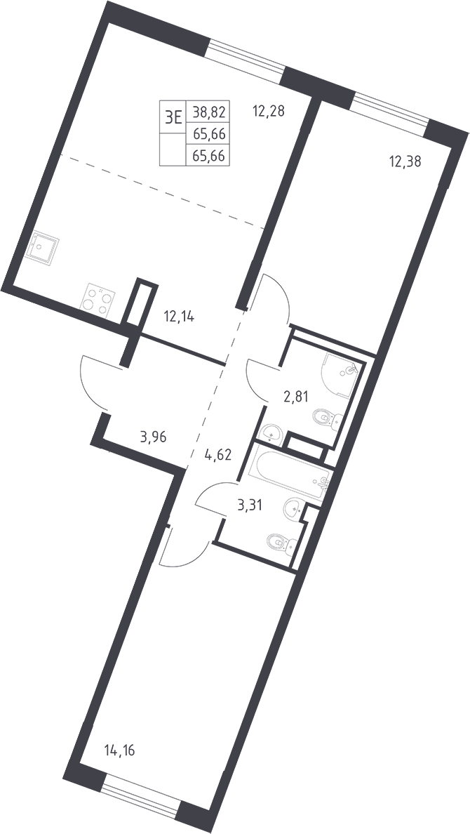 Планировка: Евротрёшка 65,7 м² в ЖК «Квартал Лаголово»