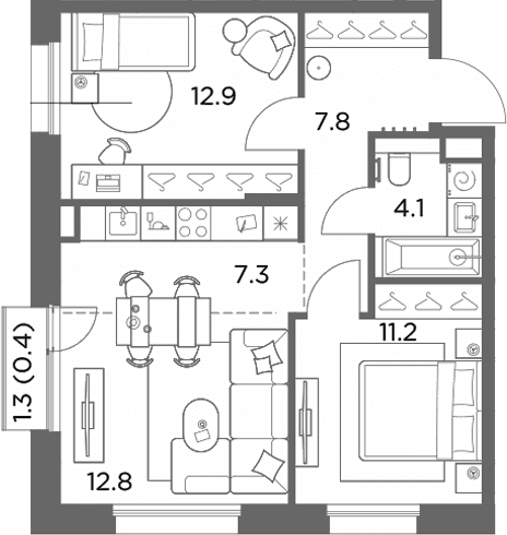 Планировка: Евротрёшка 56,1 м² в ЖК «Станиславский»