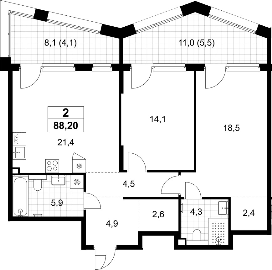 Планировка: Евротрёшка 78,6 м² в ЖК «Хольм»