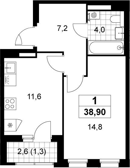 Планировка: 1-комнатная квартира 37,6 м² в ЖК «Деснаречье»