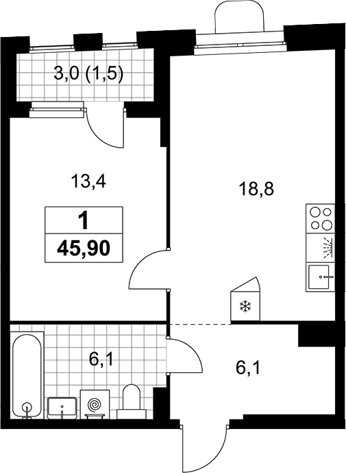 Планировка: Евродвушка 44,4 м² в ЖК «Прокшино»
