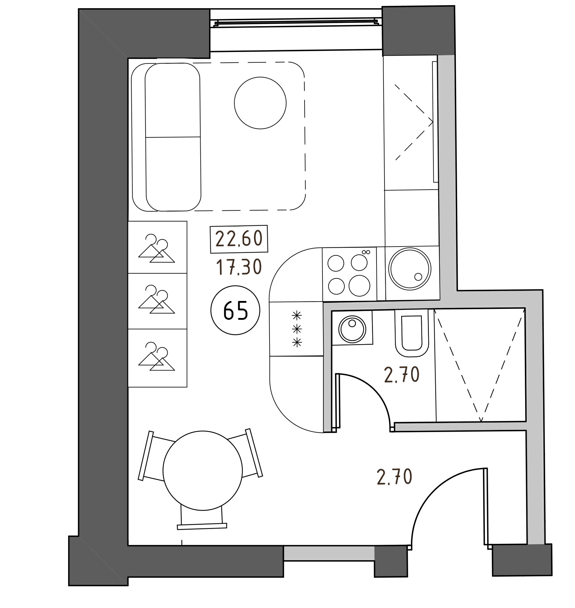 Планировка: Студия 22,6 м² в ЖК «Швецова, 4»