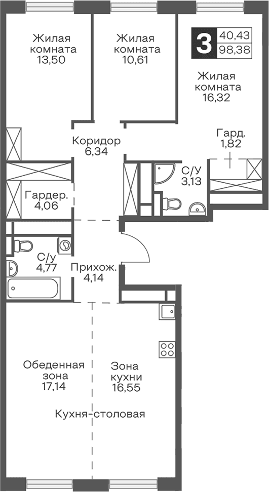 Планировка: Квартира евро-4 98,4 м² в ЖК «Гранель Тринити»