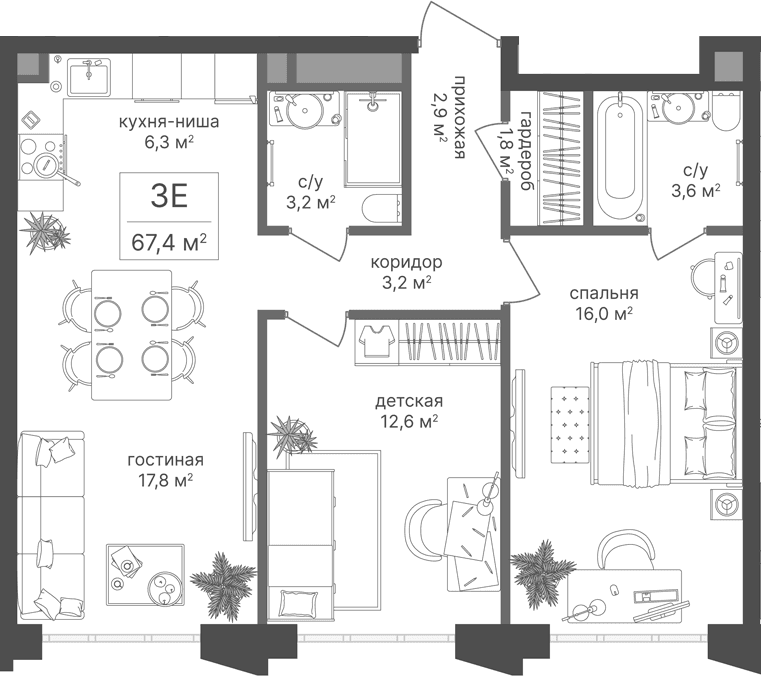 Планировка: Евротрёшка 67,4 м² в ЖК «Михалковский»