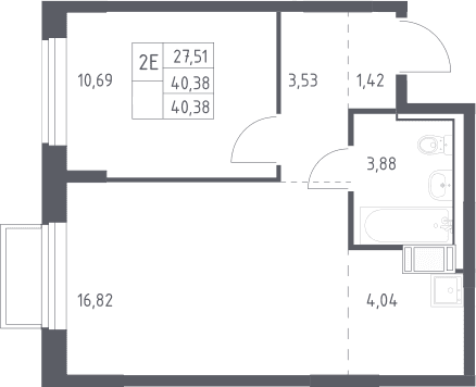 Планировка: Евродвушка 40,4 м² в ЖК «Томилино Парк»