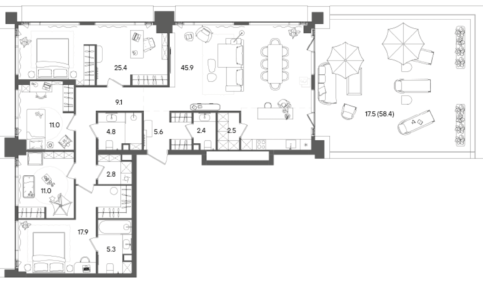 Планировка: Квартира евро-5 143,6 м² в ЖК «СТОУН Грэйн»