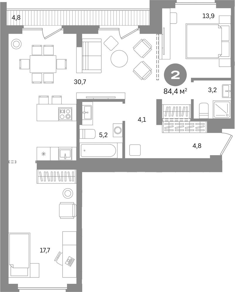 Планировка: 2-комнатная квартира 79,6 м² в ЖК «Первый квартал. Вторая очередь»