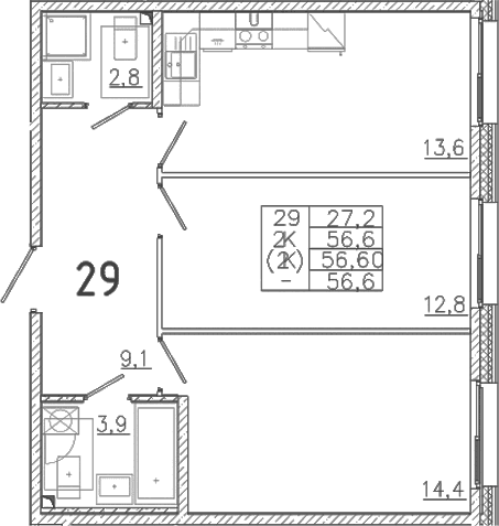 Планировка: 2-комнатная квартира 56,6 м² в ЖК «Лисино»