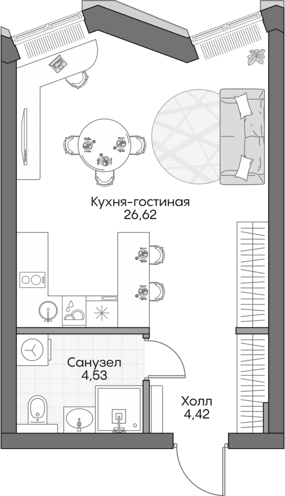 Планировка: Студия 34,4 м² в ЖК «Инсайдер»