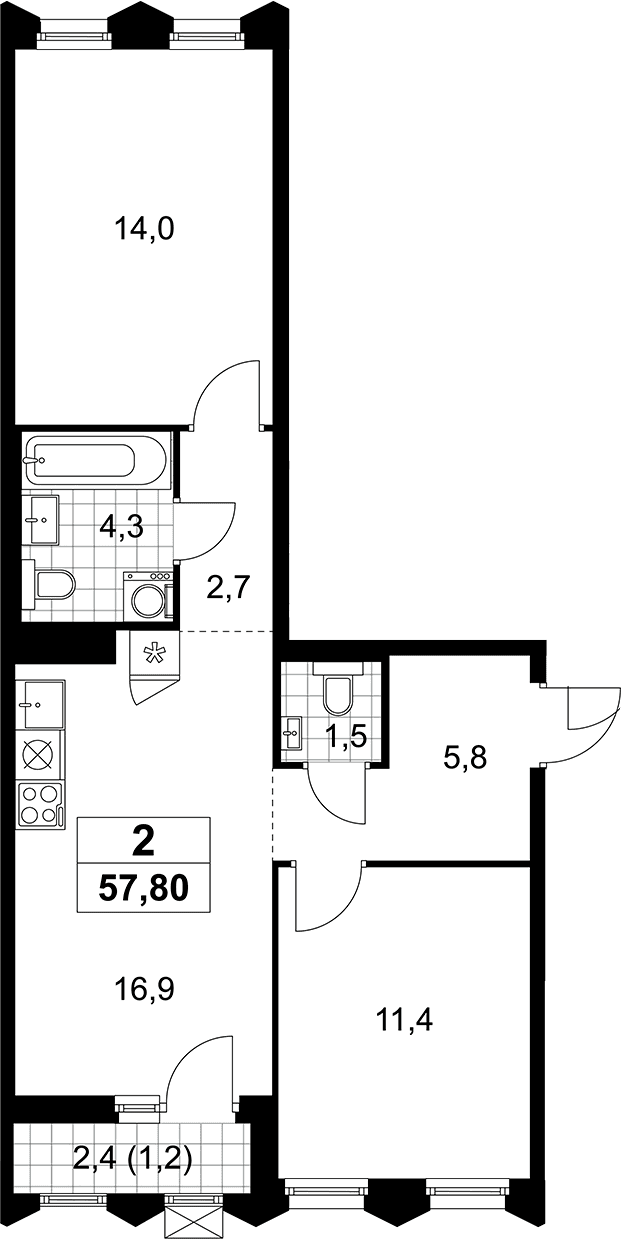 Планировка: Евротрёшка 56,6 м² в ЖК «Деснаречье»