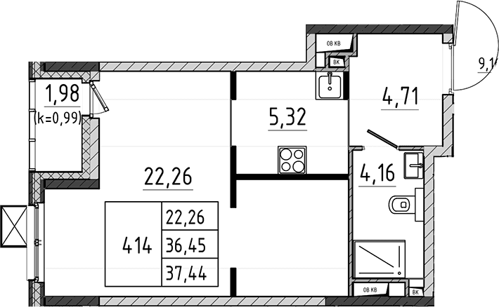 Планировка: Студия 36,5 м² в ЖК «Поварово-Молодежный-2»