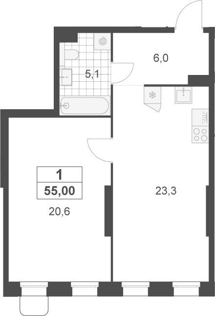 Планировка: Евродвушка 55 м² в ЖК «Деснаречье»