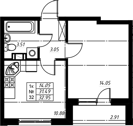 Планировка: Евродвушка 31,6 м² в ЖК «Огоньки»