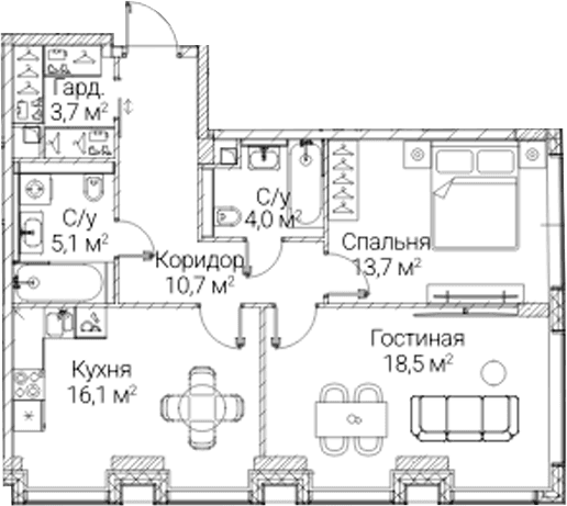 Планировка: 2-комнатная квартира 71,8 м² в ЖК «СЕЗАР БУДУЩЕЕ»