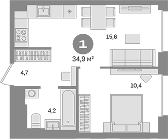 Планировка: 1-комнатная квартира 34,9 м² в ЖК «Квартал Герцена»
