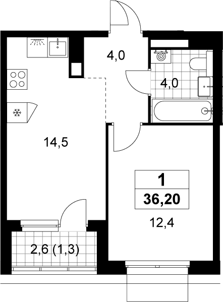 Планировка: 1-комнатная квартира 34,9 м² в ЖК «Деснаречье»
