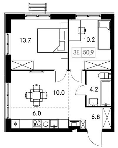 Планировка: Евротрёшка 50,9 м² в ЖК «Новый Зеленоград»