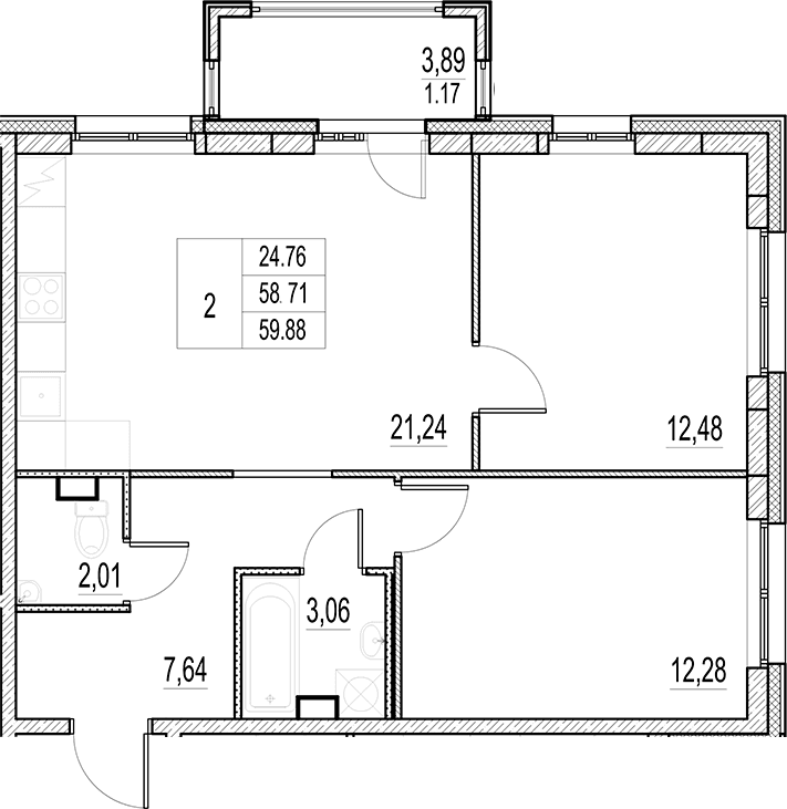 Планировка: Евротрёшка 58,7 м² в ЖК «Город-спутник Южный»