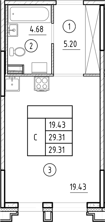 Планировка: Студия 29,3 м² в ЖК «Ассамблея»