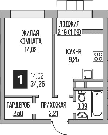Планировка: 1-комнатная квартира 32,1 м² в ЖК «Гранель Пехра»
