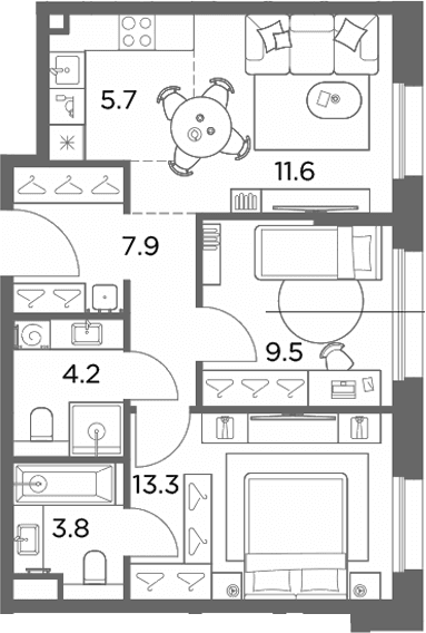 Планировка: Евротрёшка 56 м² в ЖК «Станиславский»