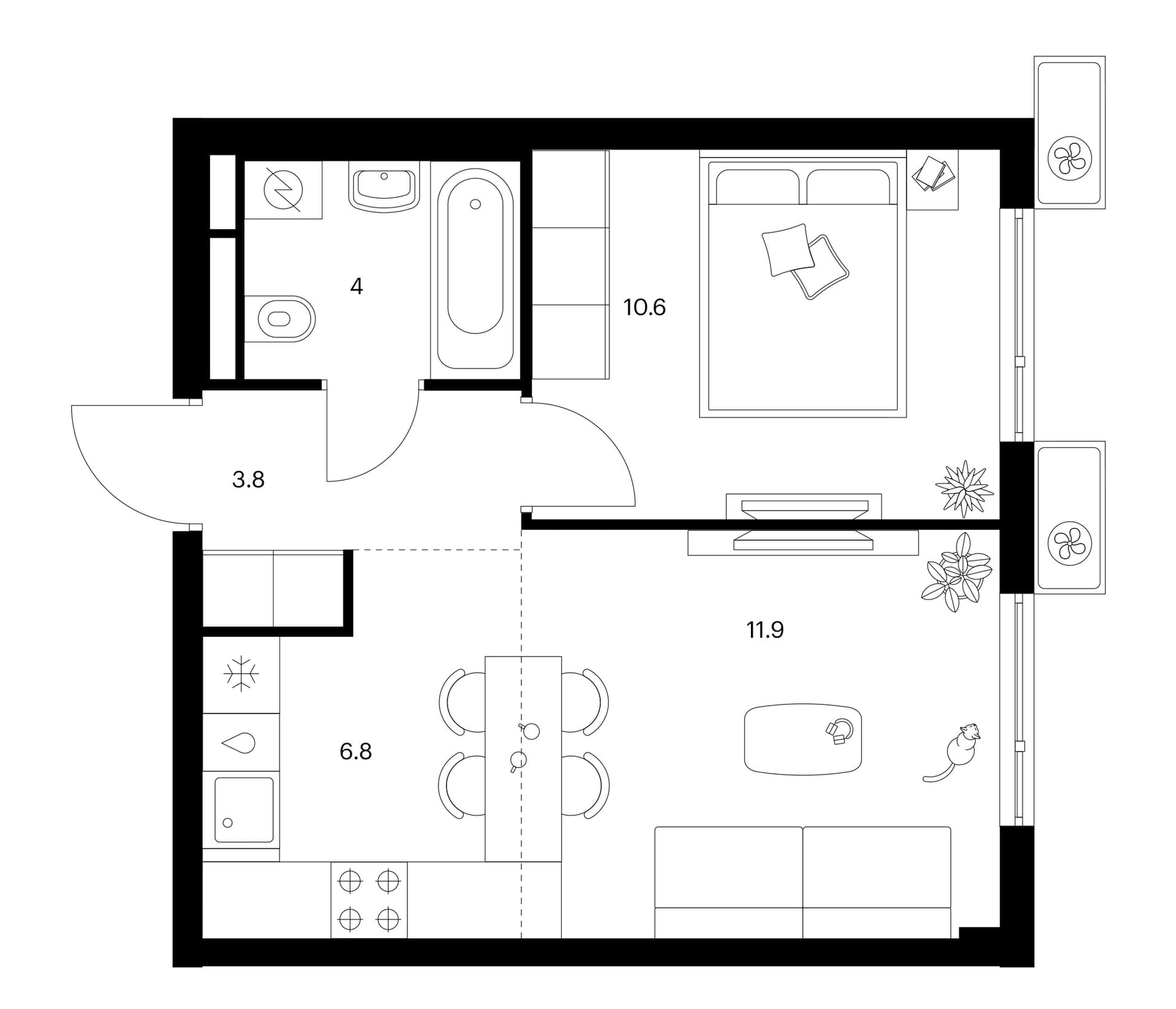 Планировка: Евродвушка 37,1 м² в ЖК «Белая Дача парк»