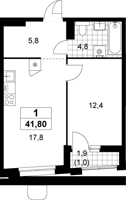 Планировка: Евродвушка 40,8 м² в ЖК «Прокшино»