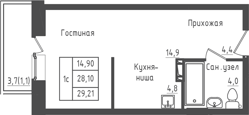 Планировка: Студия 28,1 м² в ЖК «Зеленый город»