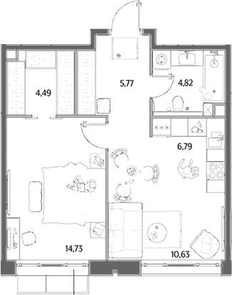 Планировка: Евродвушка 47,2 м² в ЖК «МЫС»