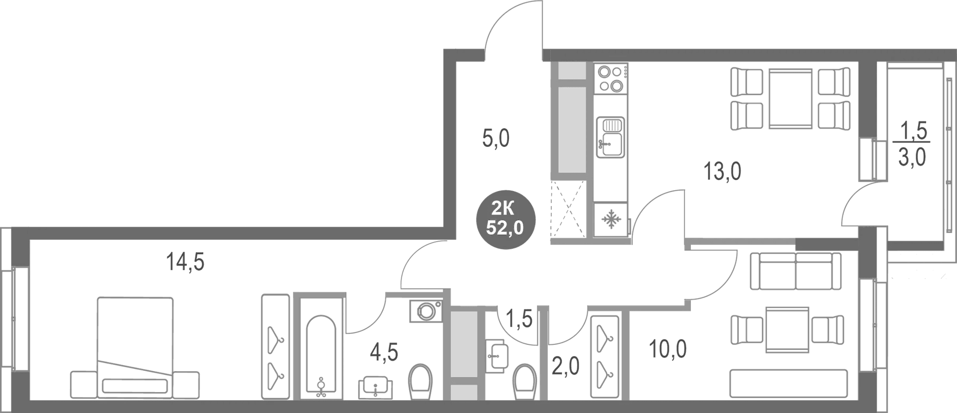Планировка: 2-комнатная квартира 50,5 м² в ЖК «Котельники парк»