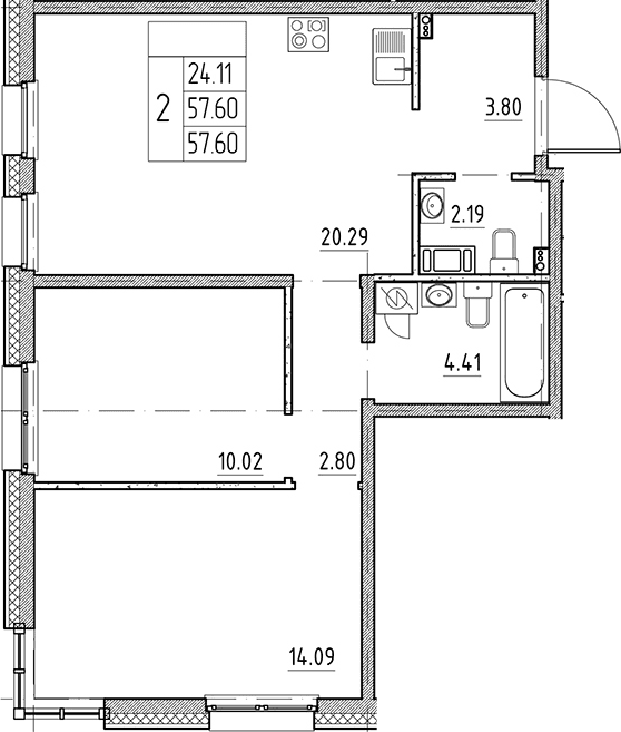 Планировка: Евротрёшка 57,6 м² в ЖК «Сезоны»