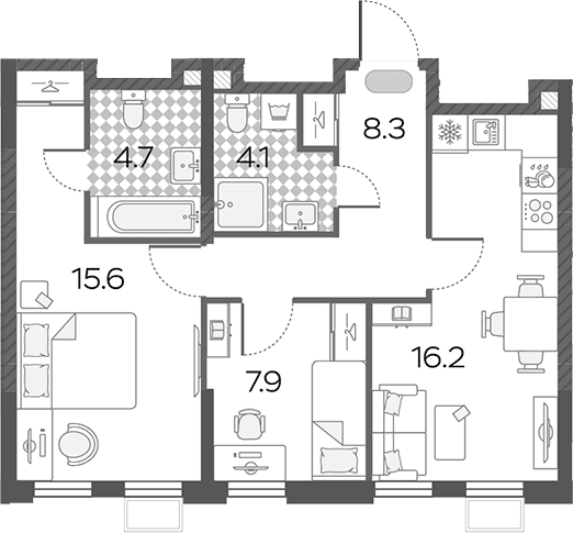 Планировка: Евротрёшка 56,8 м² в ЖК «Лучи»