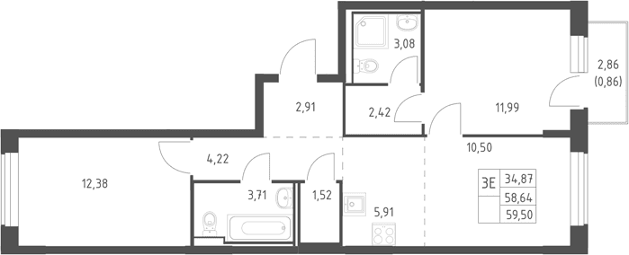 Планировка: Евротрёшка 58,6 м² в ЖК «Горки Парк»