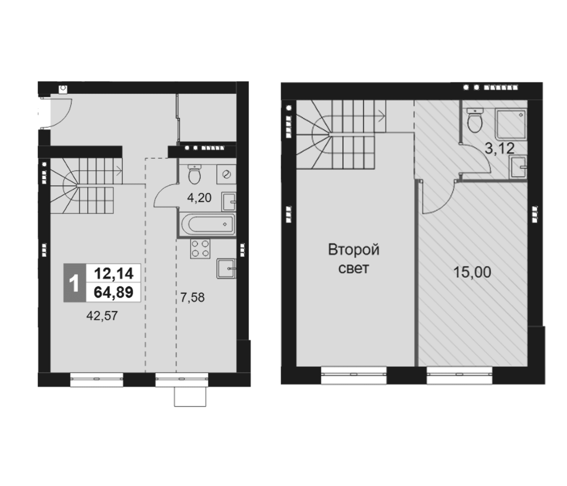 Планировка: Евродвушка 64,9 м² в ЖК «Мартемьяново Клаб»